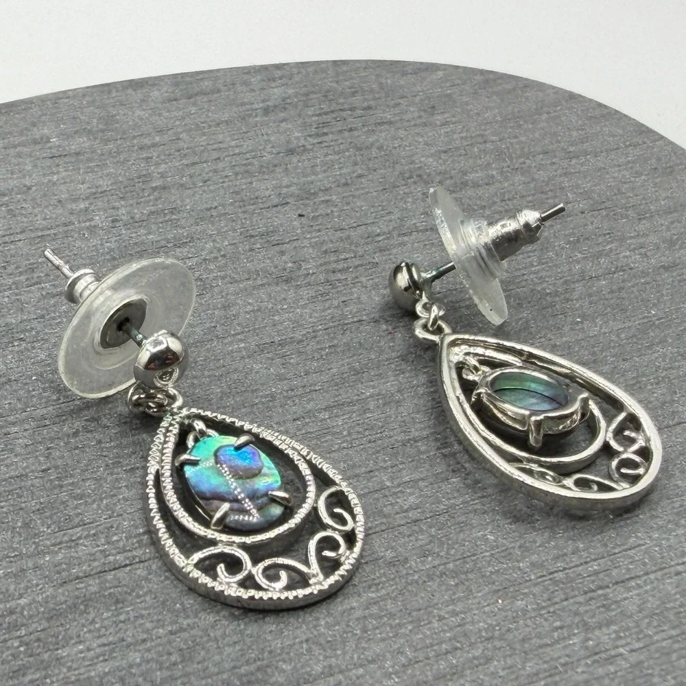 Abalone Shell Teardrop Dangle Earrings Silver Tone Scroll Drop Boho Jewelry